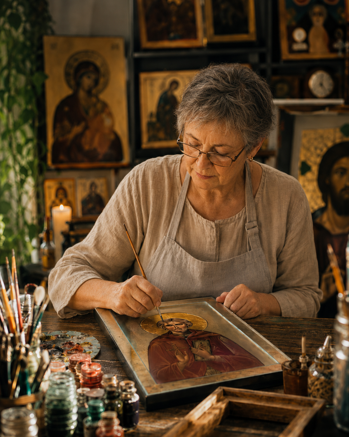 Cristina Baciu, iconar, lucrând la o icoană pe sticlă în atelier