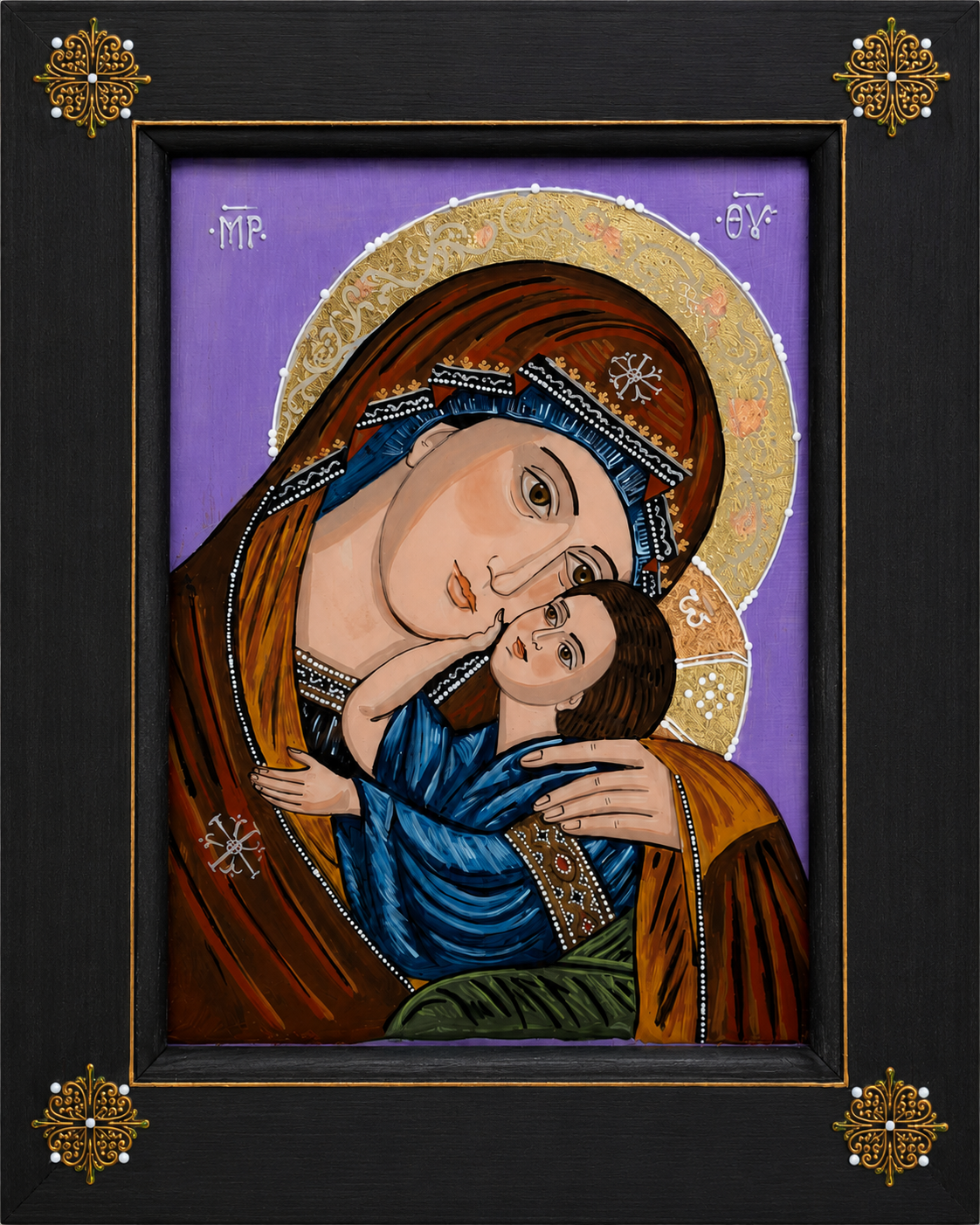 Icoană recentă din atelier — Maica Domnului cu Pruncul, fond violet