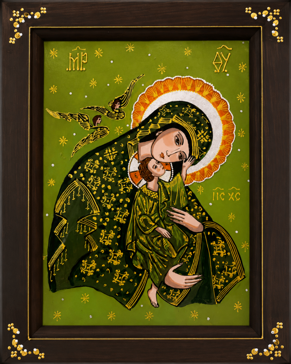 Icoană pe sticlă cu Maica Domnului și Pruncul pe fundal verde luminos