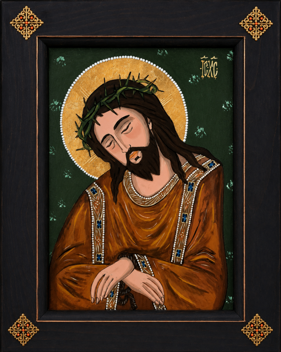 Icoană recentă din atelier — Hristos cu coroana de spini, pe fond verde închis