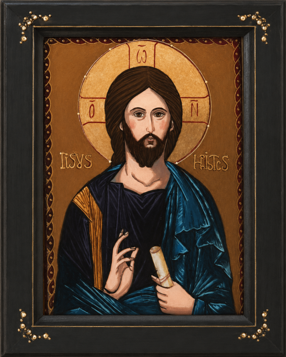 Icoană pe sticlă cu Iisus Hristos, bust frontal, pe fundal auriu